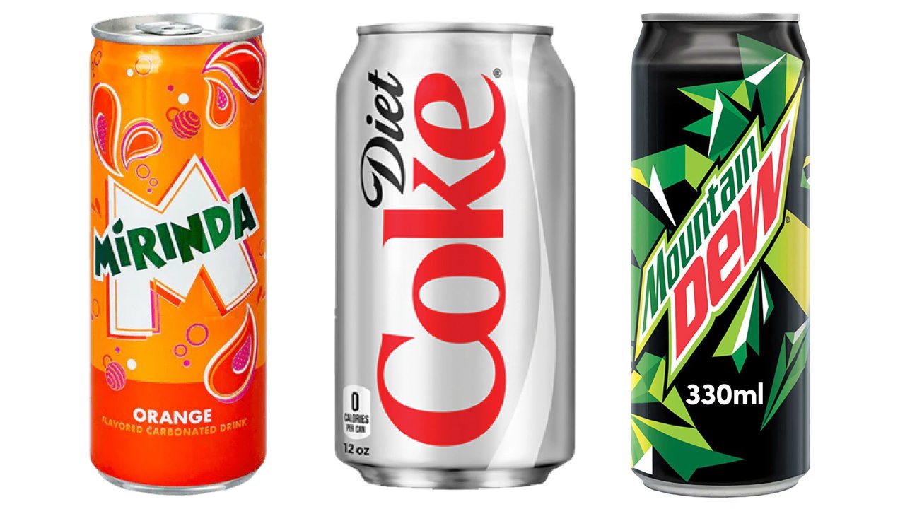 Three branded sodas in one frame