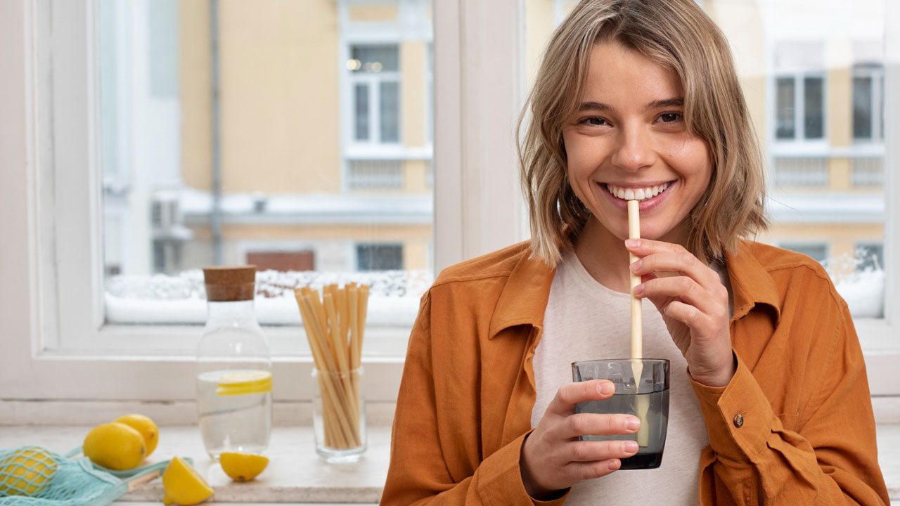 She is standing in her kitchen, loving the taste of the soda. 