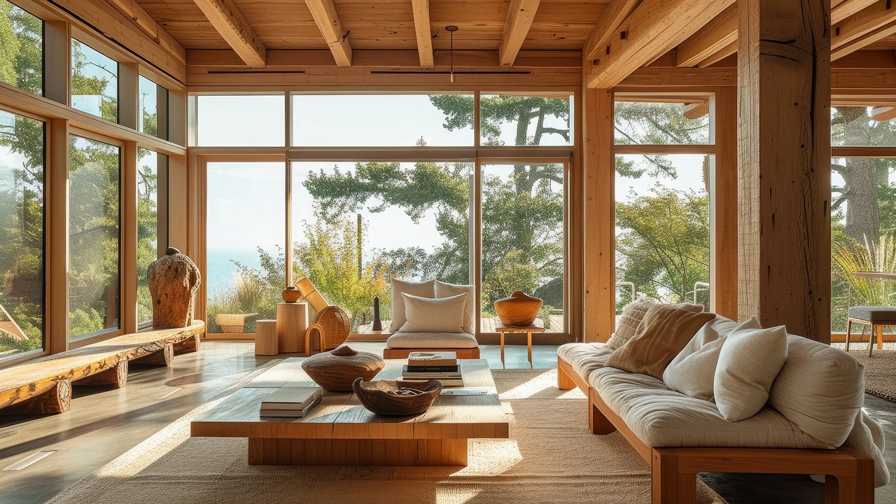 A sunroom with a wooden furniture