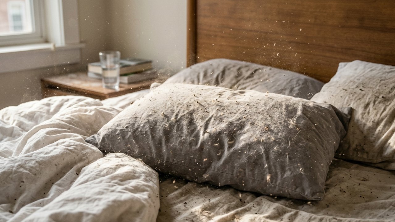 Dust floating over pillows, sheets and bed