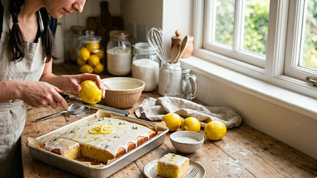 A woman zests a lemon over a tray bake