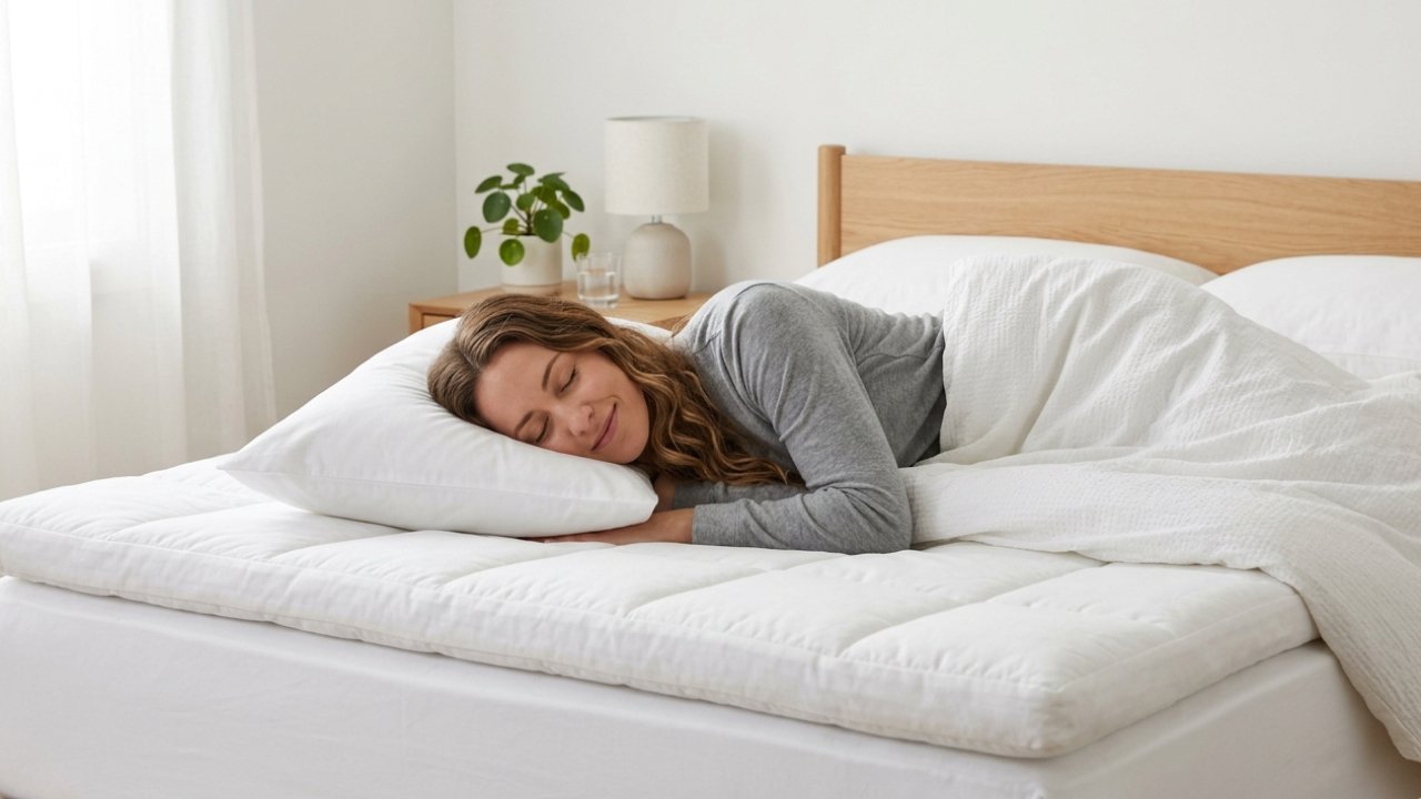A woman sleeping peacefully on a hypoallergenic mattress topper.
