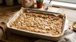 Baked Blondie tray bake on a table