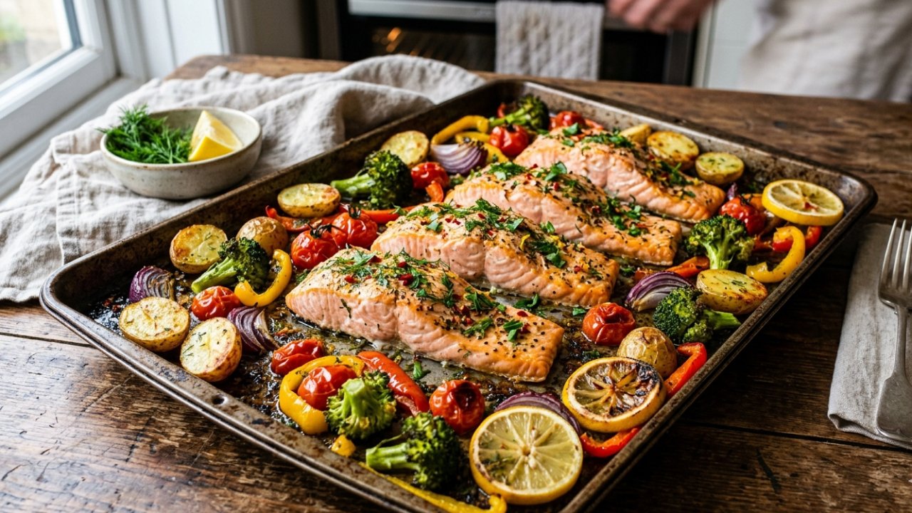 Baked salmon and vegetables on a tray