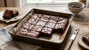Chocolate brownie tray bake on a wooden table