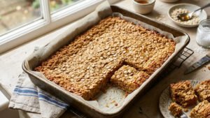 Baked oat flapjack tray bake on a table