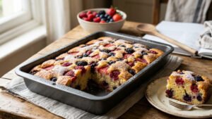 A sweet tray bake recipe topped with fruits