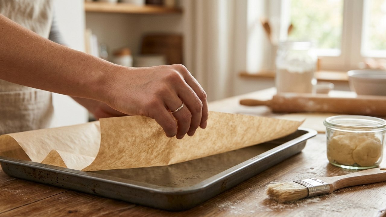 A woman placing paper onto a metal baking tray