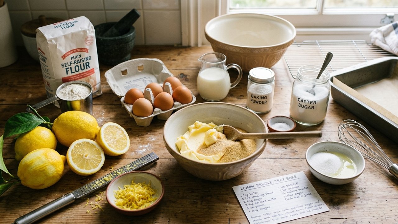 On the kitchen shelf there are ingredients for a lemon tray bake being placed