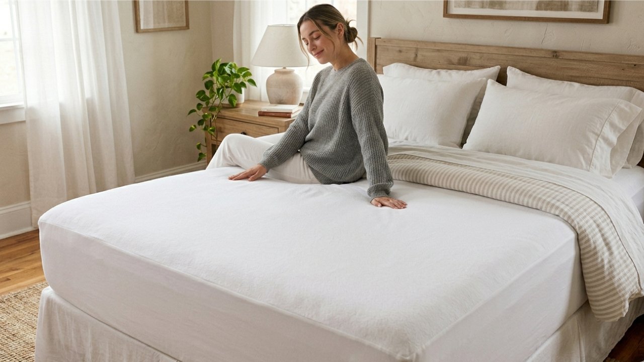 A woman sitting on a white mattress protector
