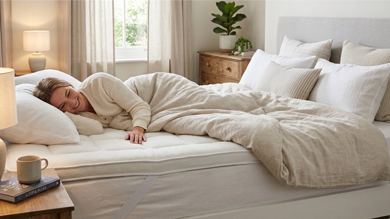 A woman sleeping on a mattress topper