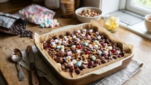 A delicious desert on a wooden table