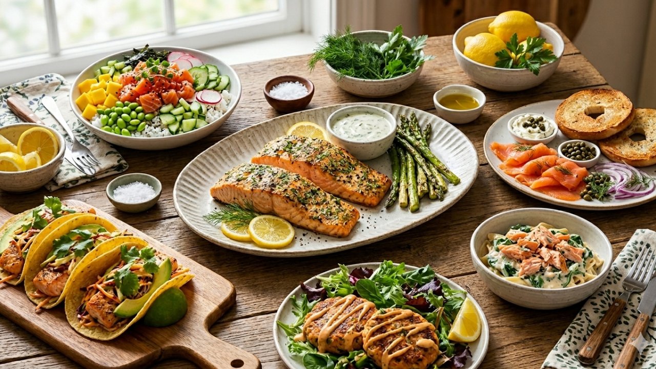 Various cooked salmon dishes on table