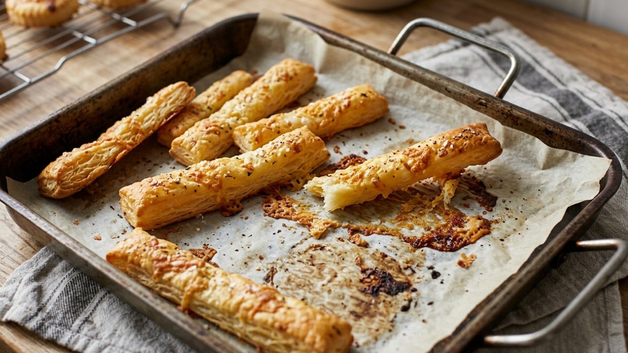 Pastry sticks stuck to a metal baking tray