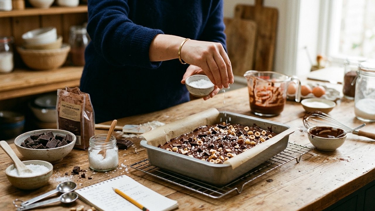 A woman sprinkling salt onto chocolate tray bakes