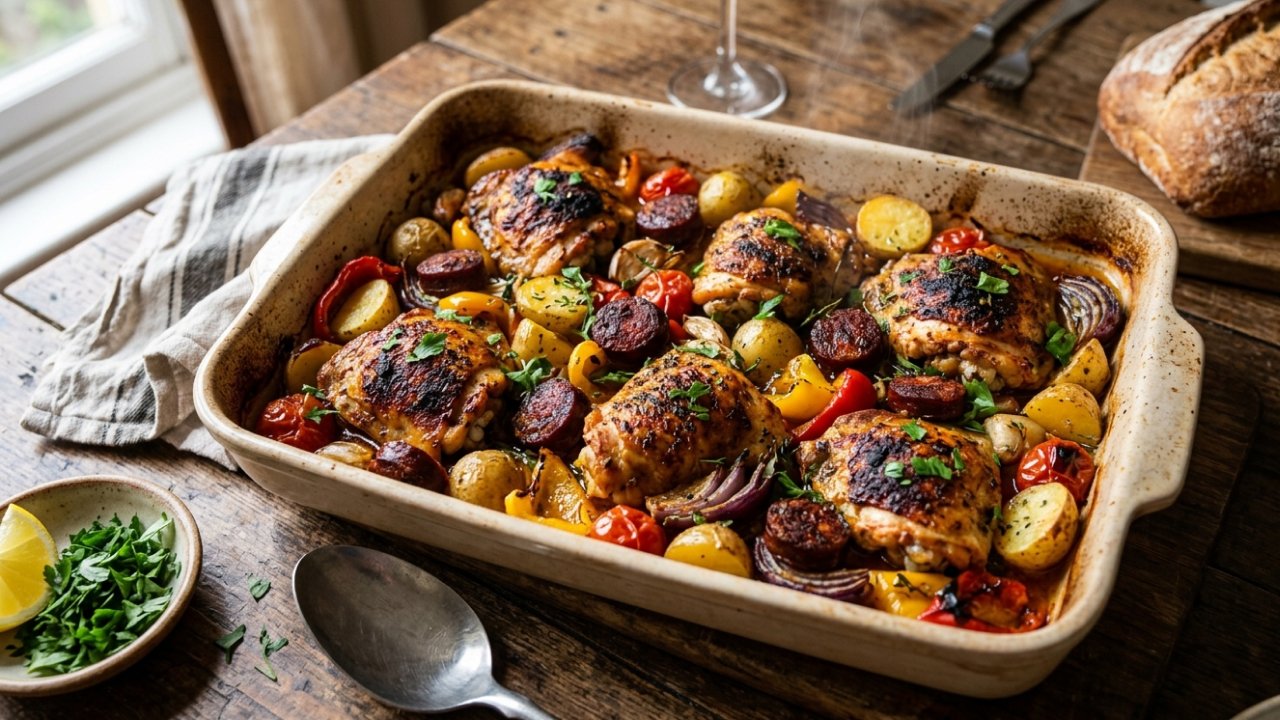 A tray bake with chicken, chorizo, and vegetables