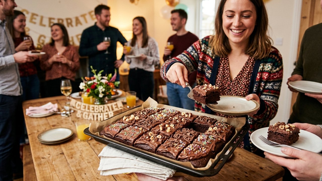 A woman serving chocolate tray bake at a party