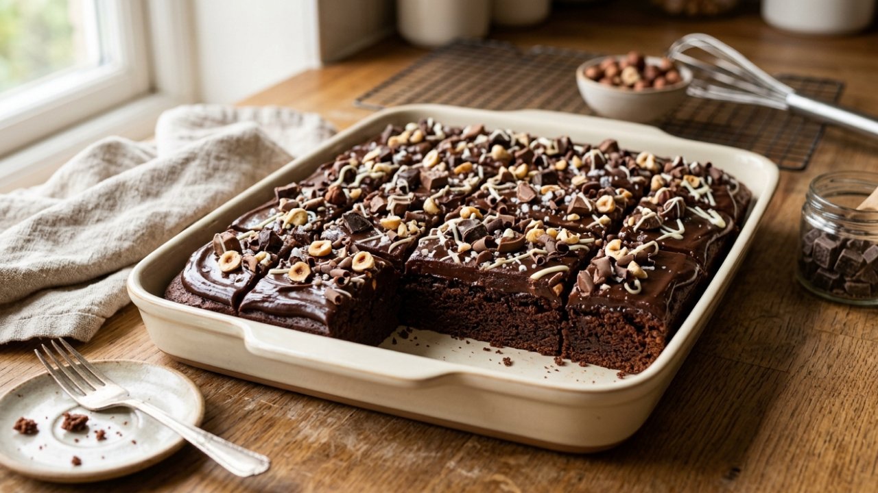 A chocolate tray bake topped with nuts