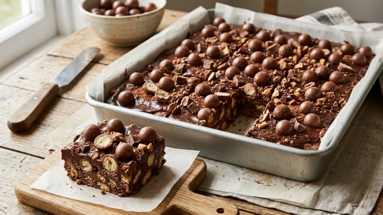 A Malteser chocolate tray bake slice on a board