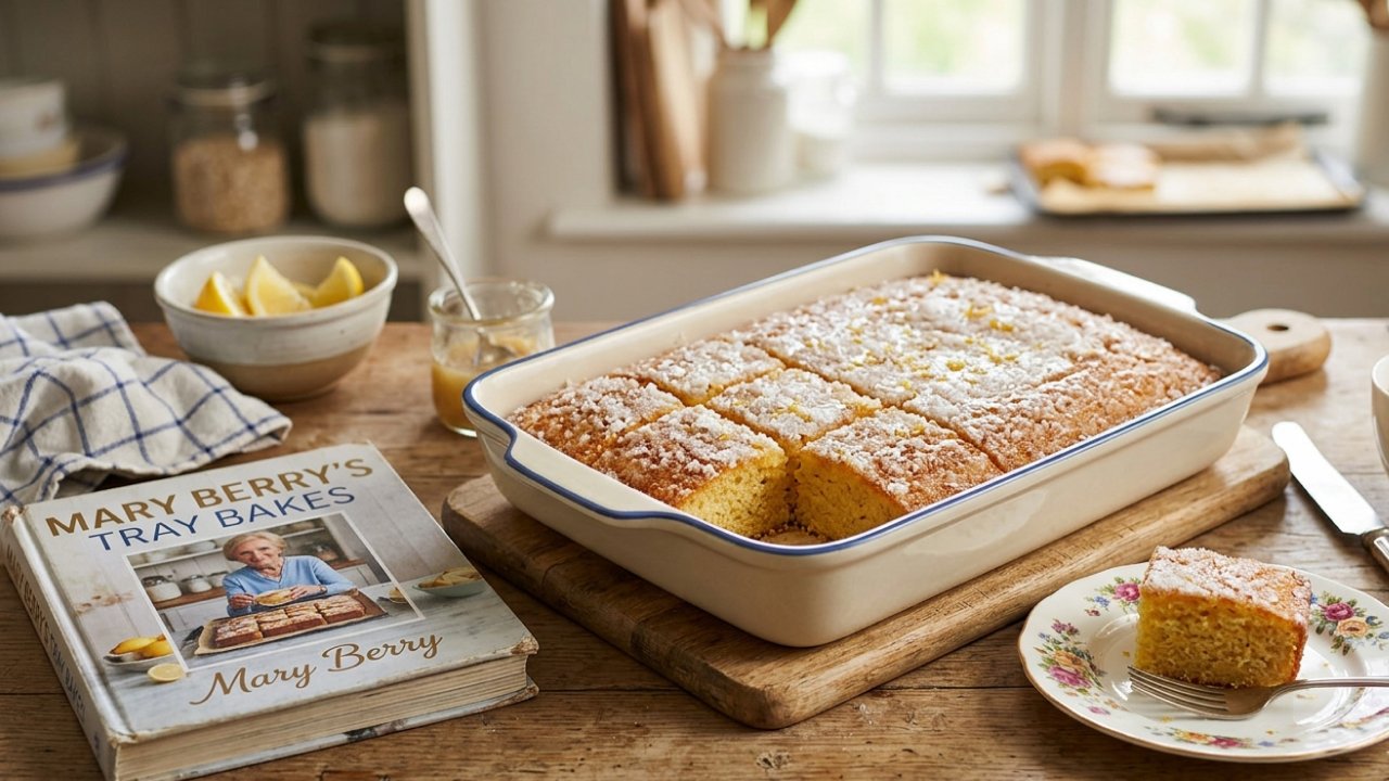 A bake cake next to a mary berry tray bake cookbook
