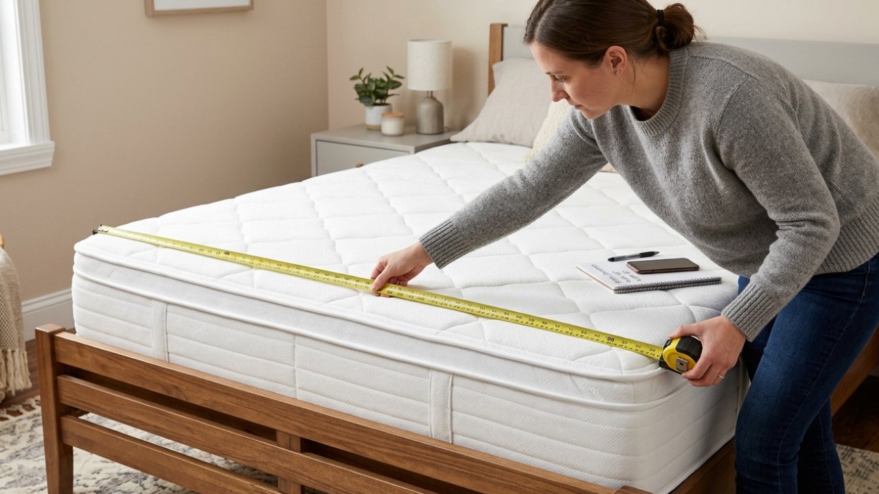 A woman measuring a white mattress topper size