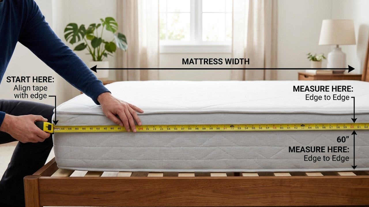 A person measuring the width of a mattress