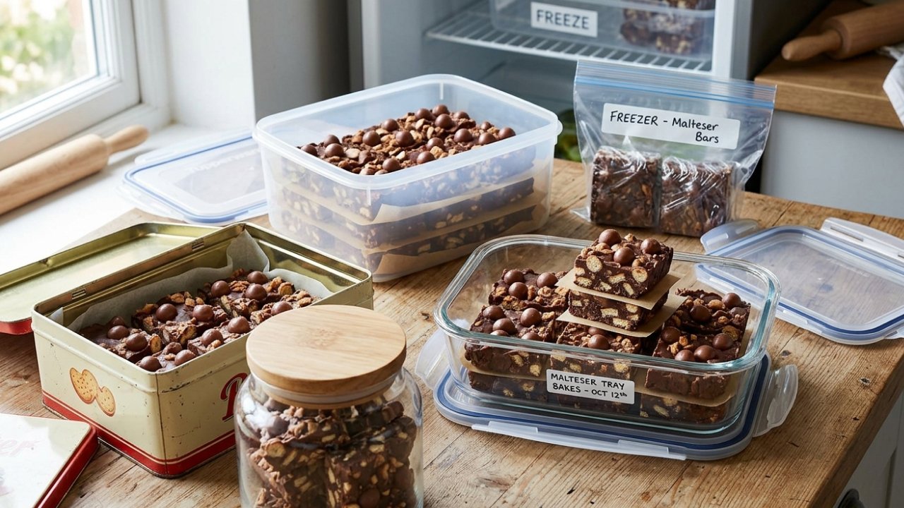 Malteser tray bakes stored in various kitchen containers
