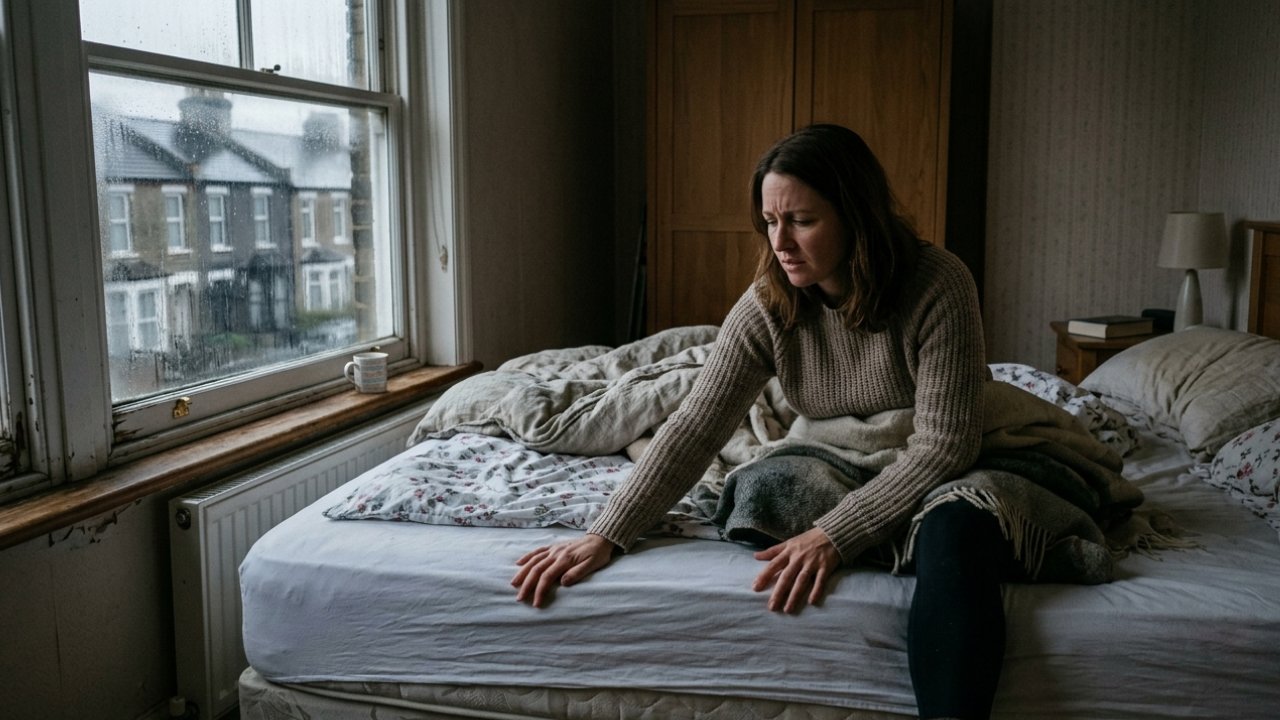 A woman touches a cold, damp bed in winter