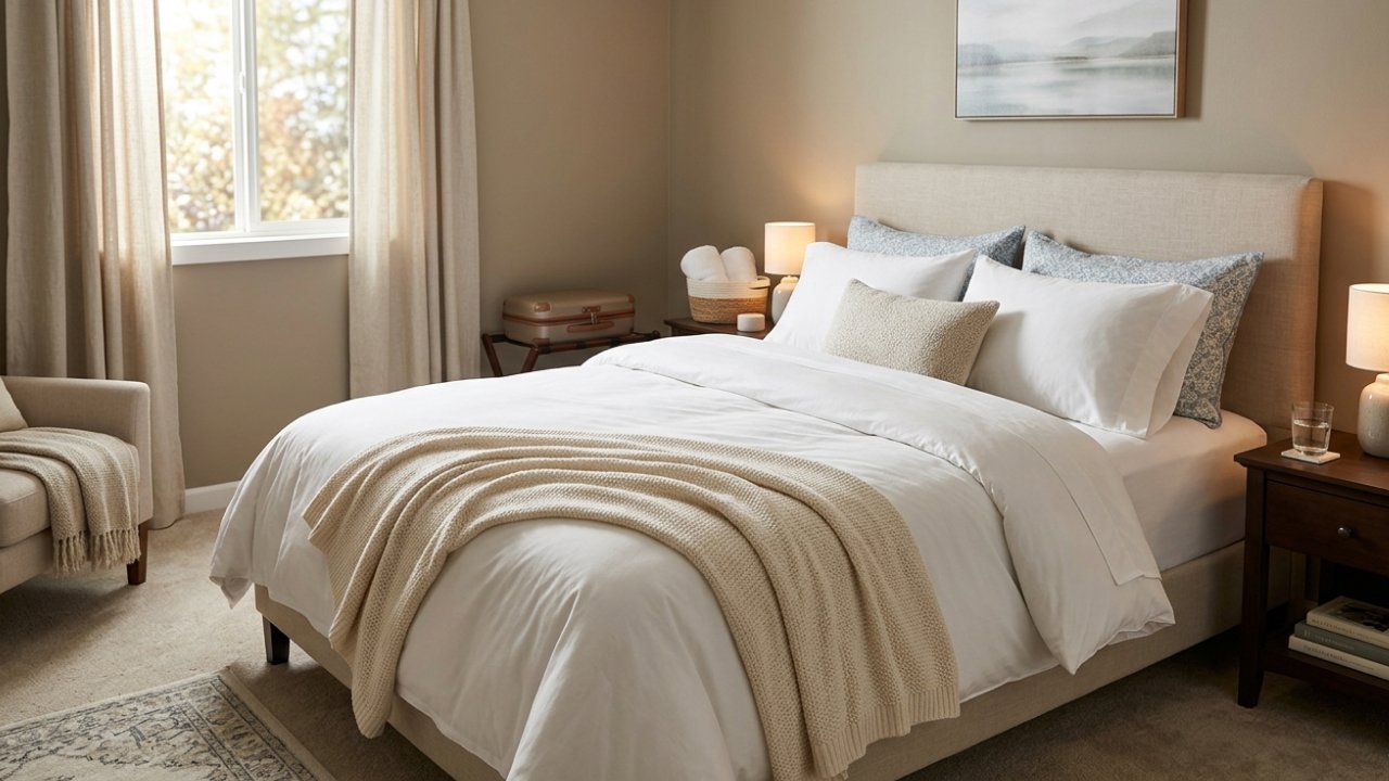 A cozy, well-made bed in a warm bedroom.