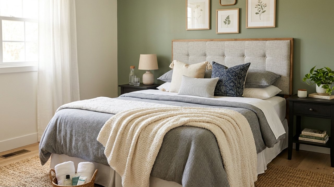 Cozy guest bedroom with budget-friendly layered bedding